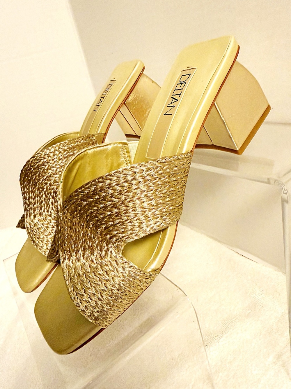 J. Deltan Metallic Gold Woven Block Heel Sandals Size 7